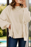 Slit Waffle-Knit Round Neck Long Sleeve Top - Trendsi - Flyclothing LLC