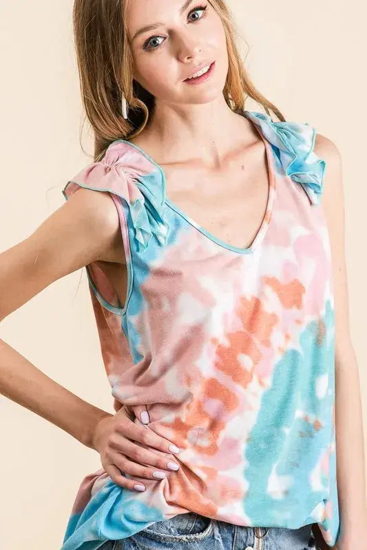 BiBi Circular Tie Dye Knit V Neck Top With Ruffle - Trendsi - Flyclothing LLC