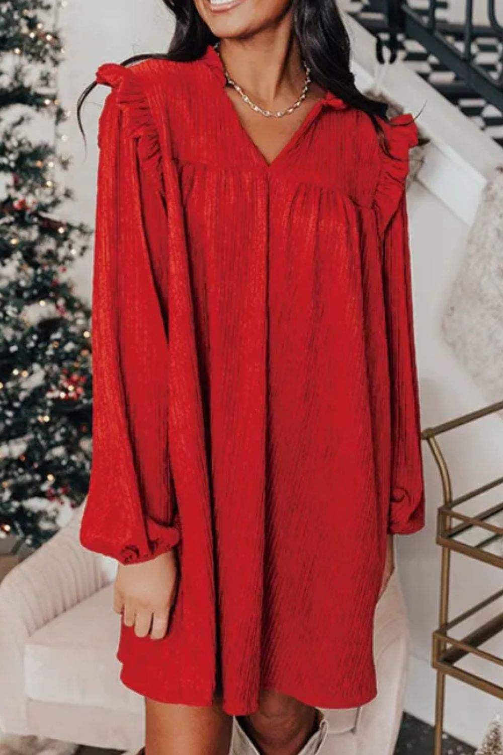 Frill Notched Long Sleeve Dress - Trendsi - Flyclothing LLC