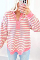 Striped Johnny Collar Long Sleeve Sweatshirt - Trendsi - Flyclothing LLC