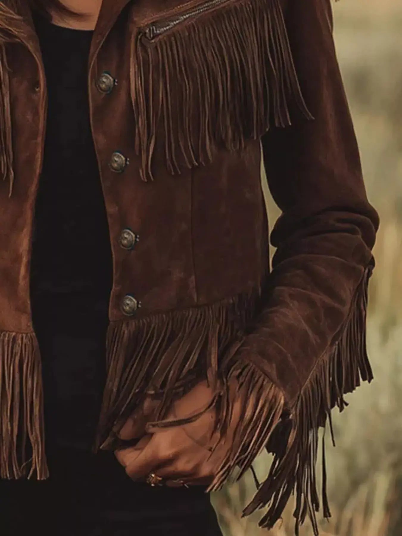 Suede Fringe Button Up Jacket - Trendsi - Flyclothing LLC