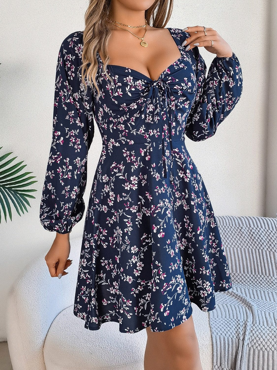 Printed Sweetheart Neck Balloon Sleeve Mini Dress - Trendsi