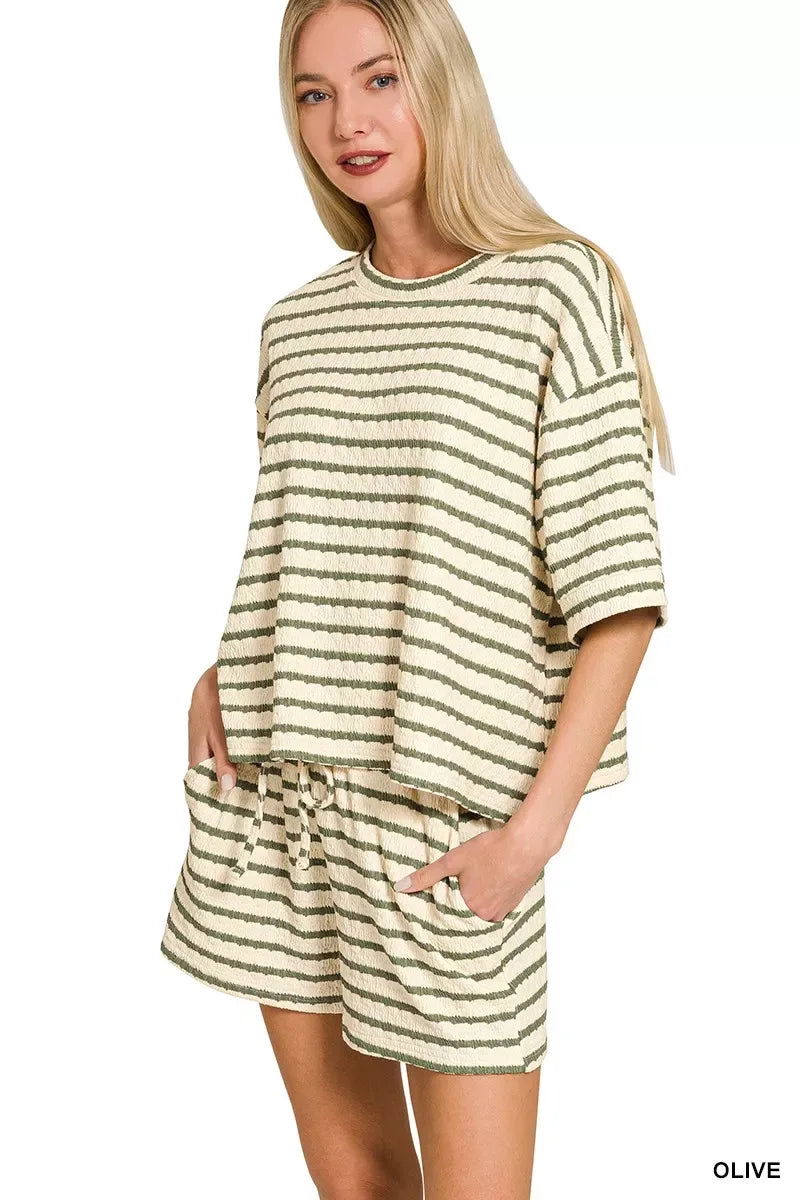 Zenana Striped Short Sleeve Tee & Shorts Set - Trendsi - Flyclothing LLC