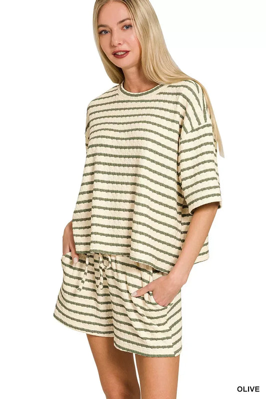 Zenana Striped Short Sleeve Tee & Shorts Set - Trendsi - Flyclothing LLC