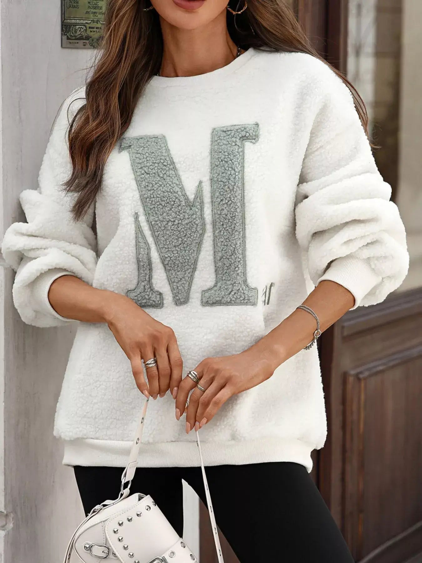 Letter Round Neck Fleece Sweatshirt - Trendsi - Flyclothing LLC
