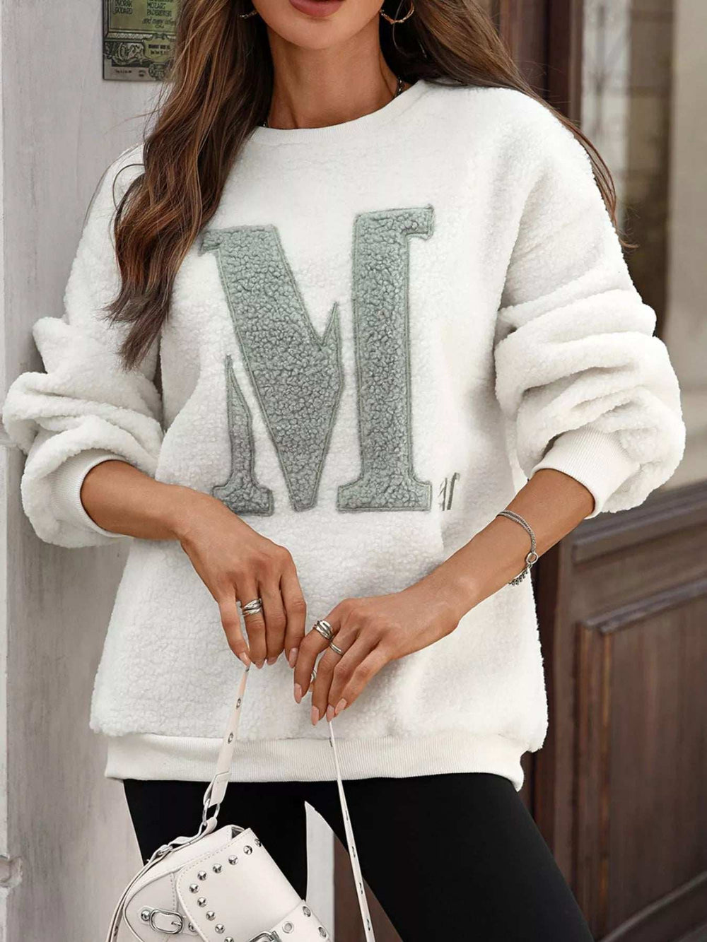 Letter Round Neck Fleece Sweatshirt - Trendsi - Flyclothing LLC