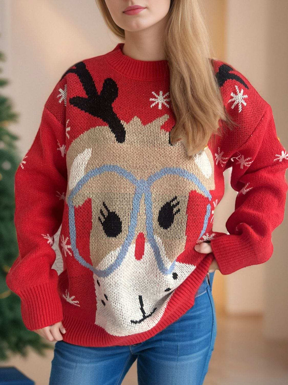 Reindeer Round Neck Dropped Shoulder Sweater - Trendsi - Flyclothing LLC