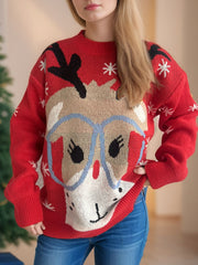 Reindeer Round Neck Dropped Shoulder Sweater - Trendsi