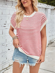 Lovelet Striped Round Neck Cap Sleeve Sweater - Trendsi