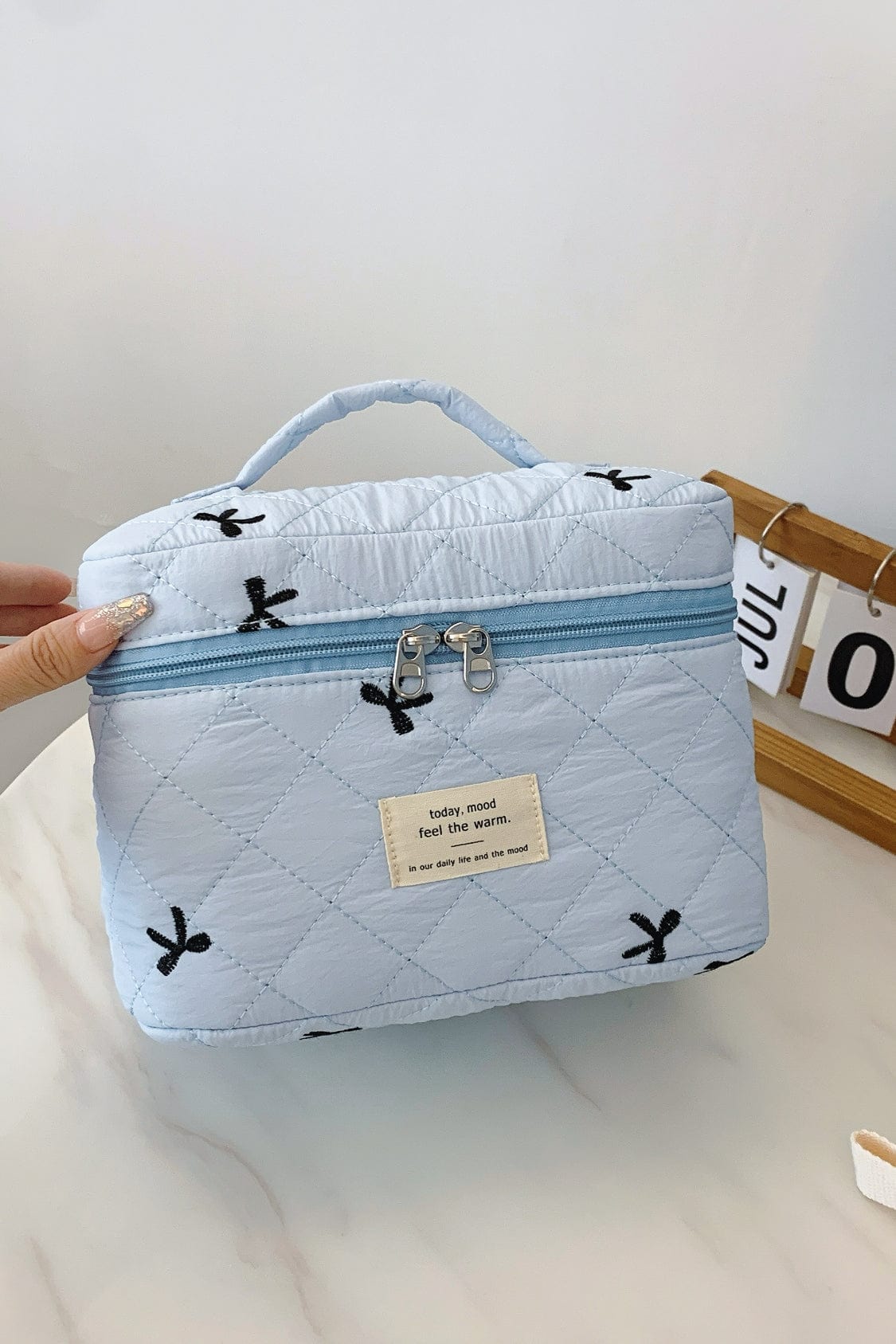 Bow Embroidered Quilted Storage Bag with Zip - Trendsi