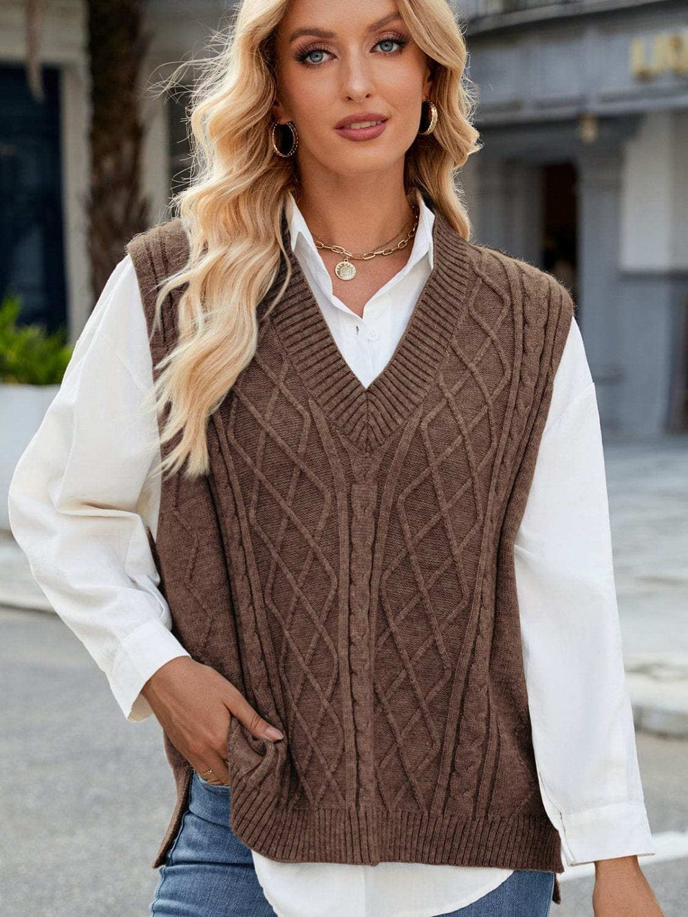 Cable Knit V-Neck Sweater Vest - Trendsi - Flyclothing LLC