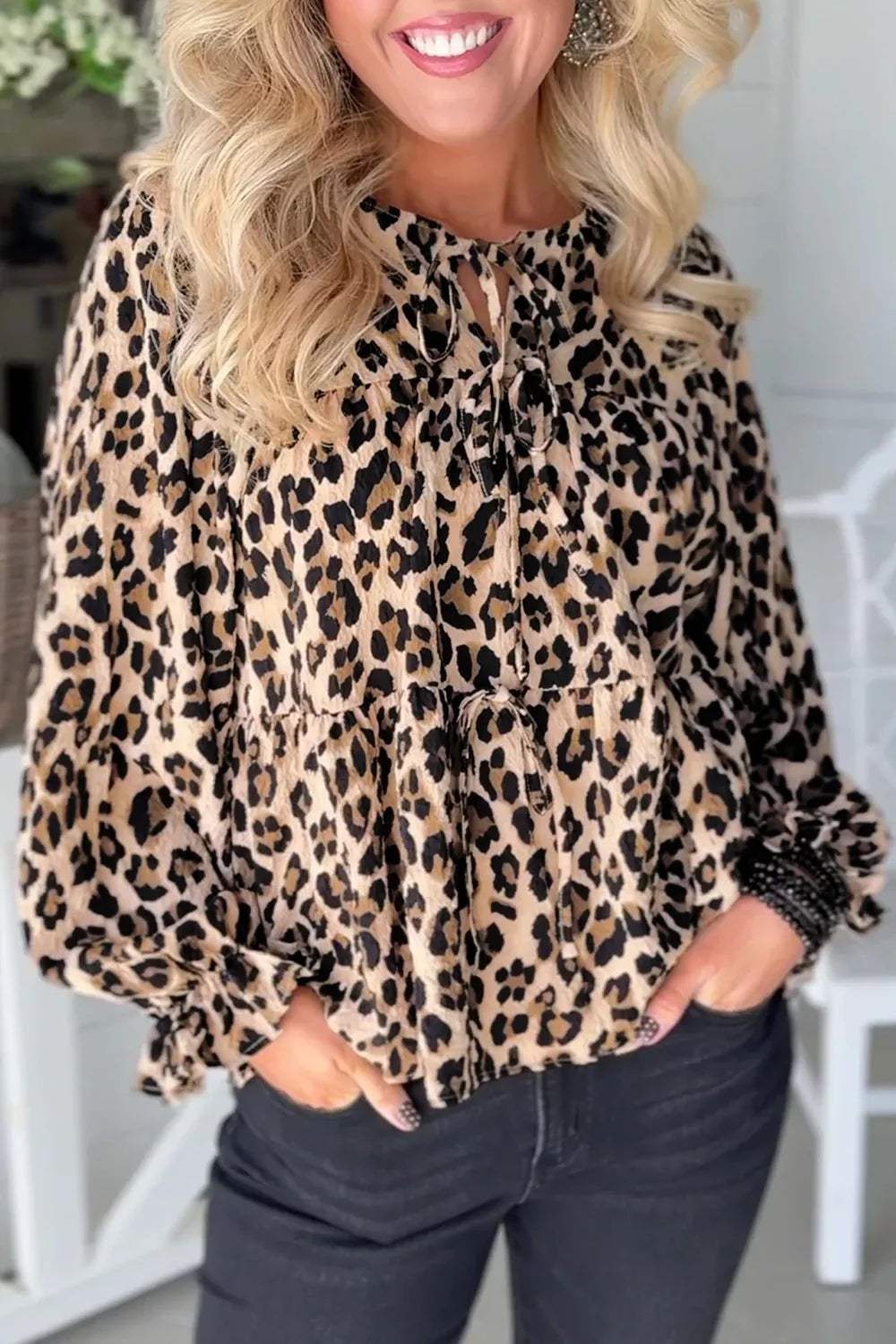 Leopard Print Tie-Neck Blouse - Trendsi - Flyclothing LLC