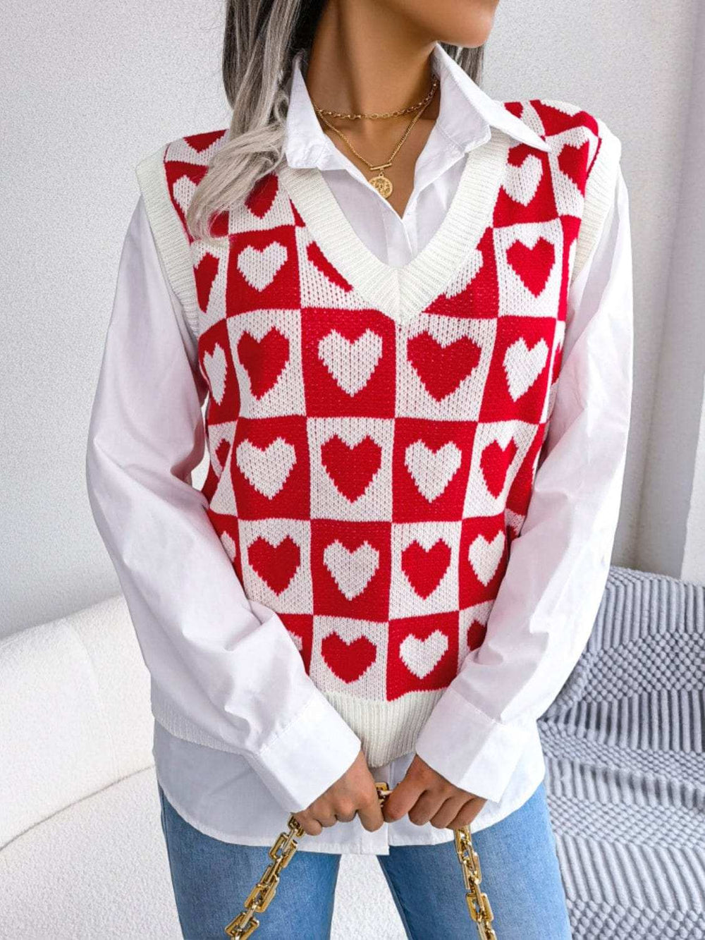 Heart V-Neck Sweater Vest - Trendsi - Flyclothing LLC
