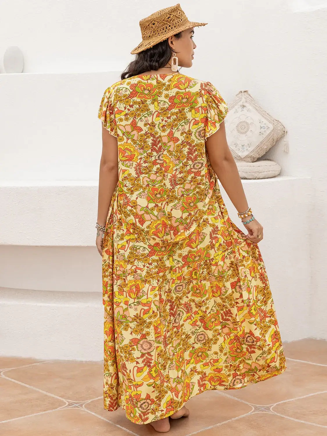 Plus Size Printed V-Neck Flutter Sleeve Tie Waist Maxi Dress - Trendsi - Flyclothing LLC