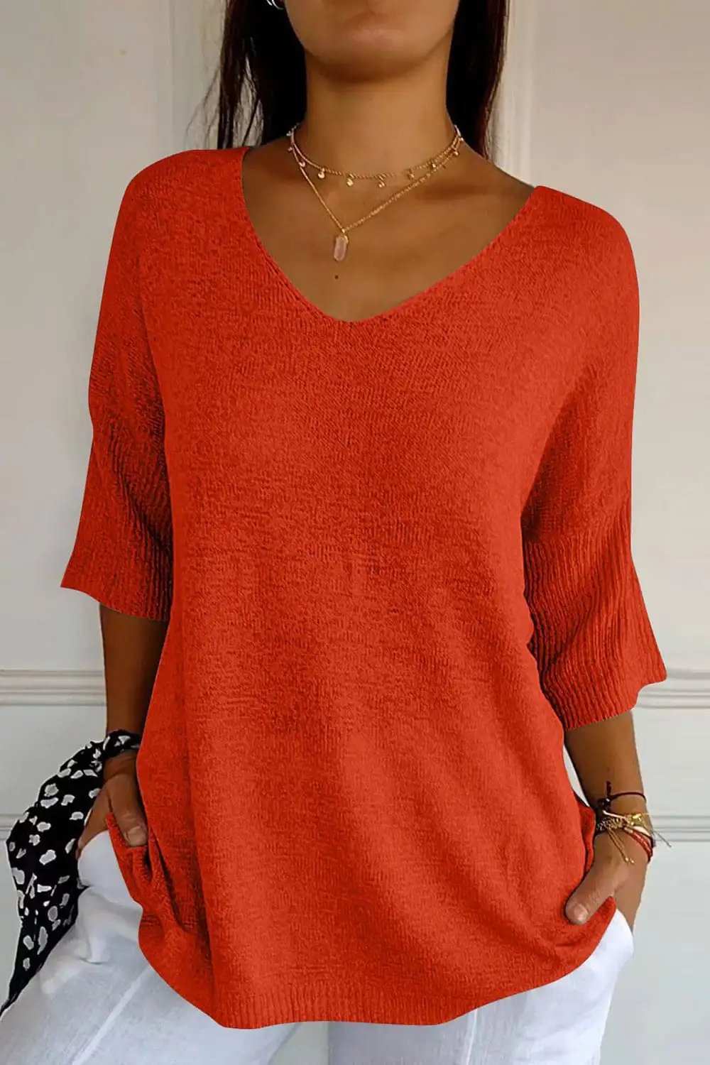 V-Neck Three-Quarter Sleeve Knit Top - Trendsi - Flyclothing LLC