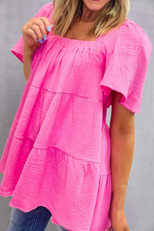 Square Neck Short Sleeve Blouse - Trendsi - Flyclothing LLC