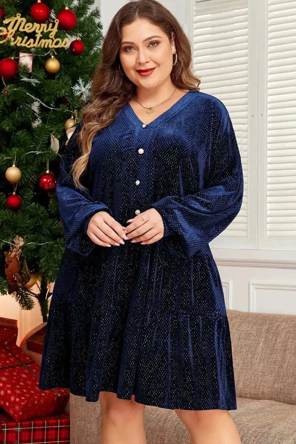 Plus Size Textured Velvet Decorative Button Long Sleeve Dress - Trendsi - Flyclothing LLC