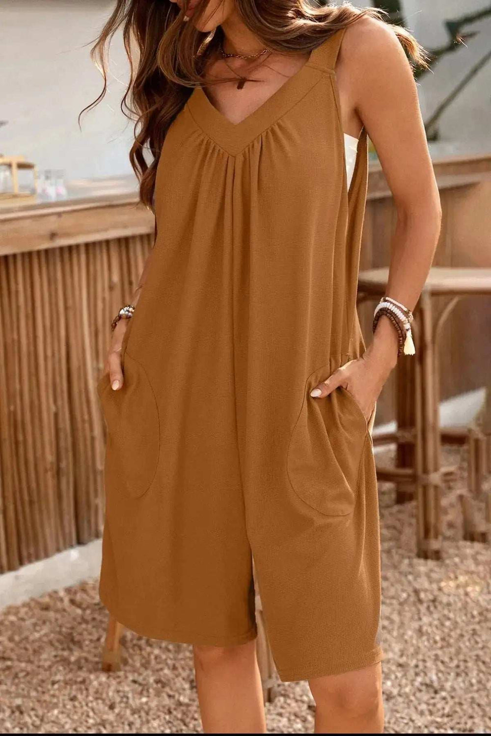 Casual V-Neck Sleeveless Romper with Pockets - Trendsi - Flyclothing LLC
