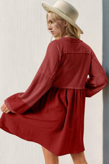 Double Take Waffle-Knit Contrast Half Button V-Neck Long Sleeve Mini Dress - Trendsi - Flyclothing LLC
