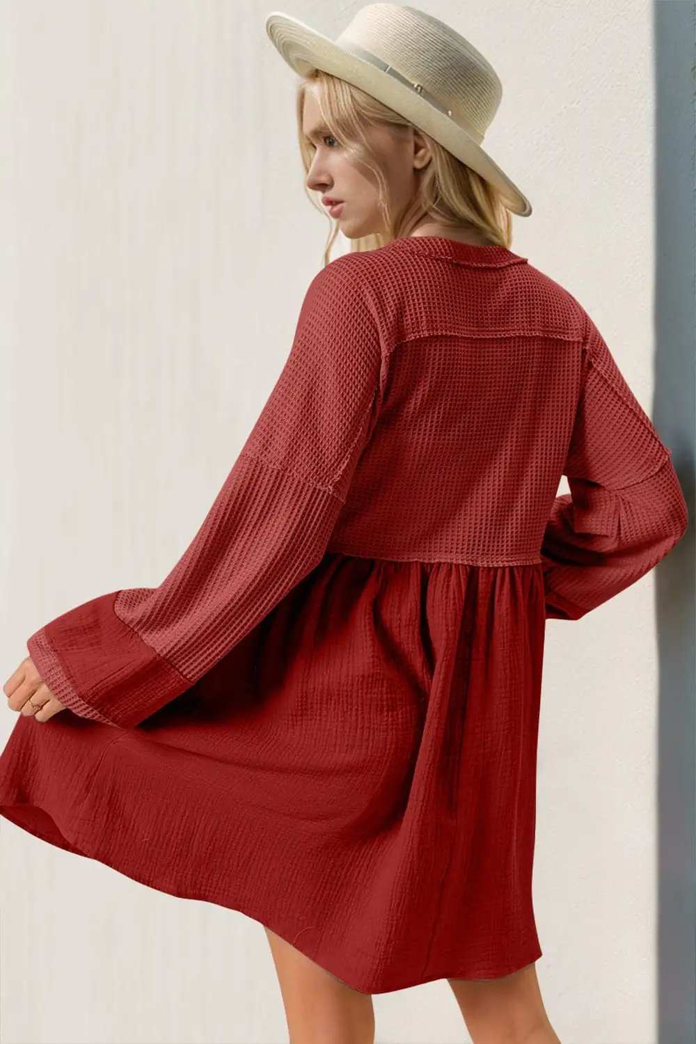 Double Take Waffle-Knit Contrast Half Button V-Neck Long Sleeve Mini Dress - Trendsi - Flyclothing LLC