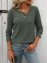 Ribbed V-Neck Long Sleeve T-Shirt - Trendsi - Flyclothing LLC