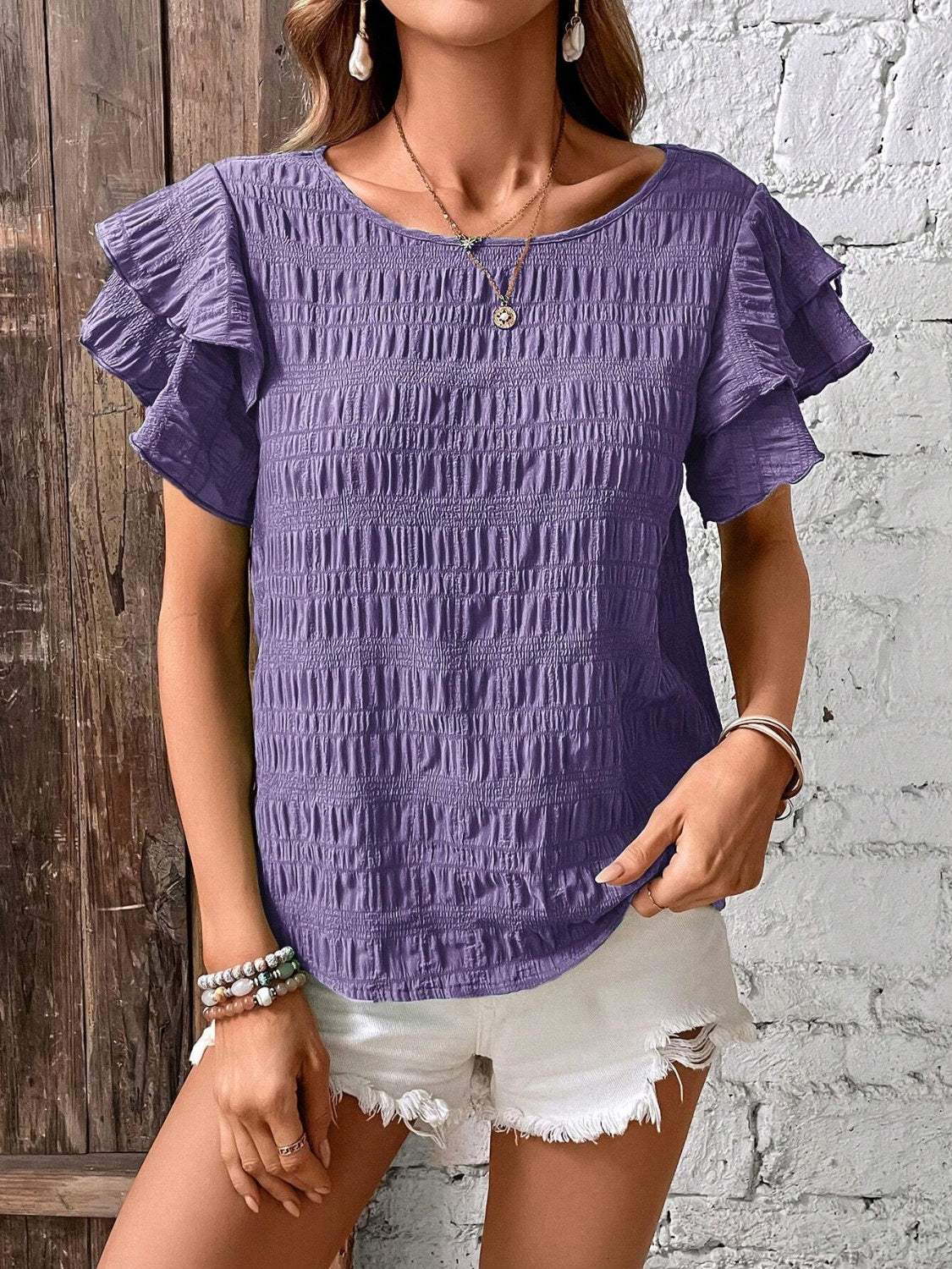 Round Neck Flounce Sleeve Blouse - Trendsi - Flyclothing LLC