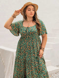 Plus Size Printed Short Sleeve Tiered Maxi Dress - Trendsi - Flyclothing LLC