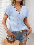Openwork V-Neck Short Sleeve T-Shirt - Trendsi - Flyclothing LLC