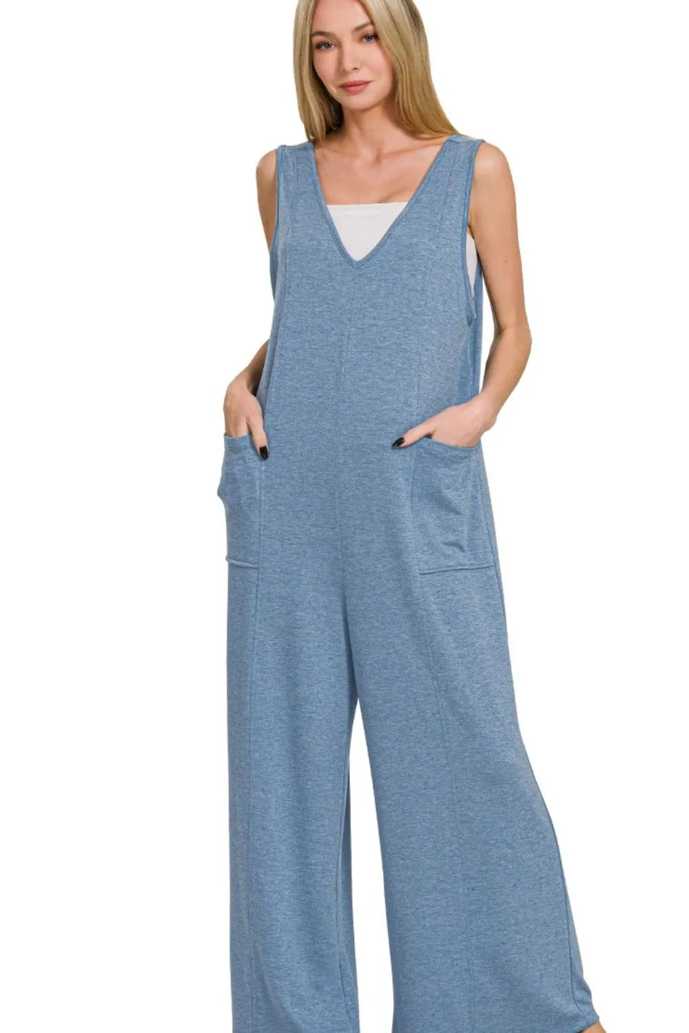 Zenana French Terry Deep V Neck Jumpsuits - Trendsi