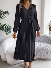 Pleated Tied V-Neck Long Sleeve Dress - Trendsi