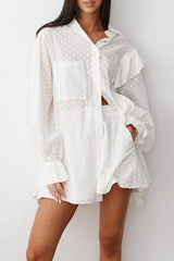 Ruffled Dot Applique Collared Neck Top and Shorts Set - Trendsi - Flyclothing LLC