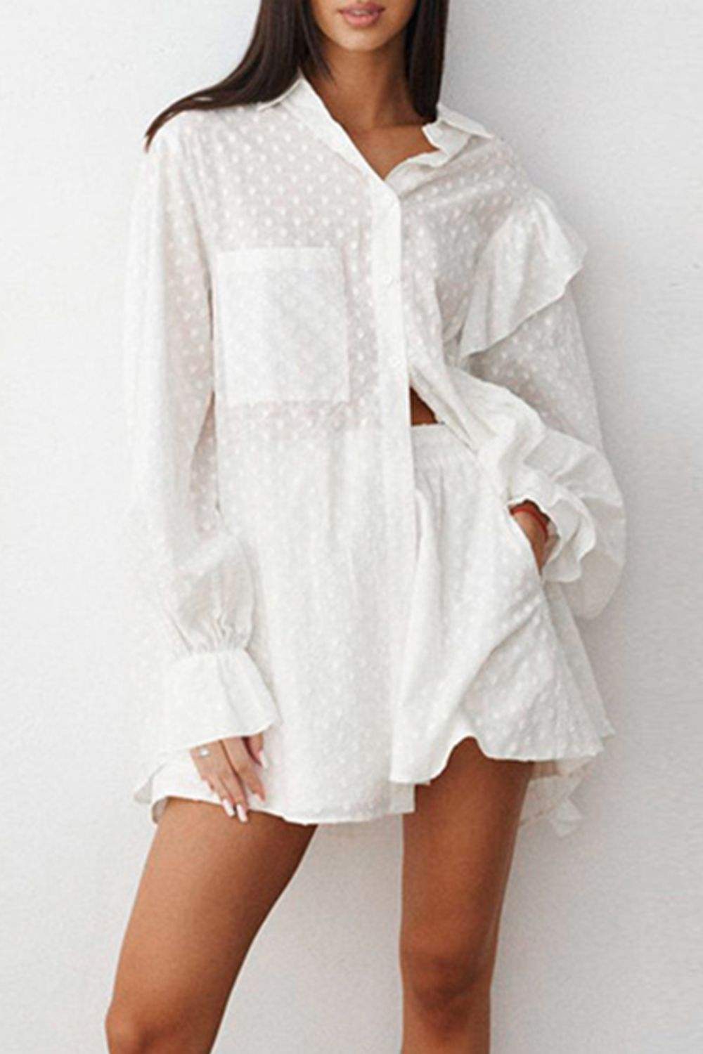 Ruffled Dot Applique Collared Neck Top and Shorts Set - Trendsi - Flyclothing LLC
