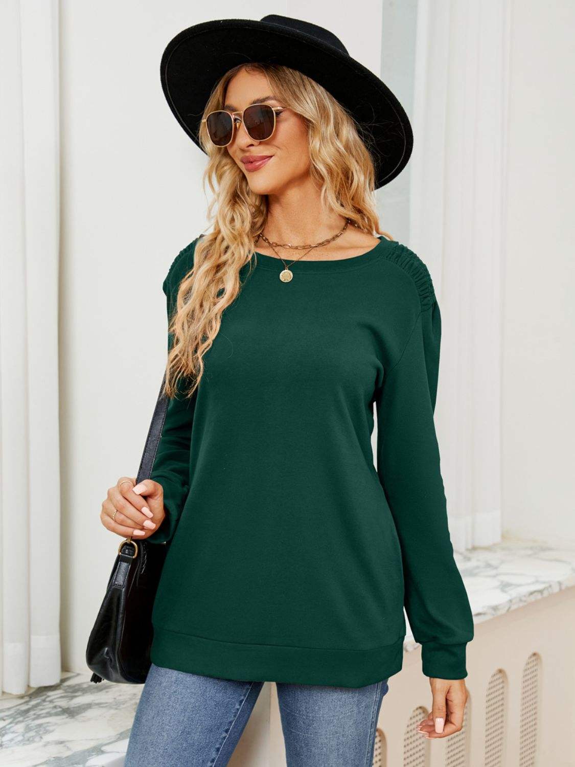 Ruched Shoulder Round Neck Long Sleeve Sweatshirt - Trendsi - Flyclothing LLC