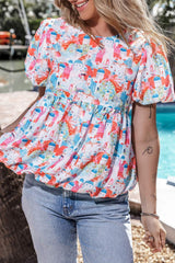 Printed Round Neck Puff Sleeve Blouse - Trendsi - Flyclothing LLC