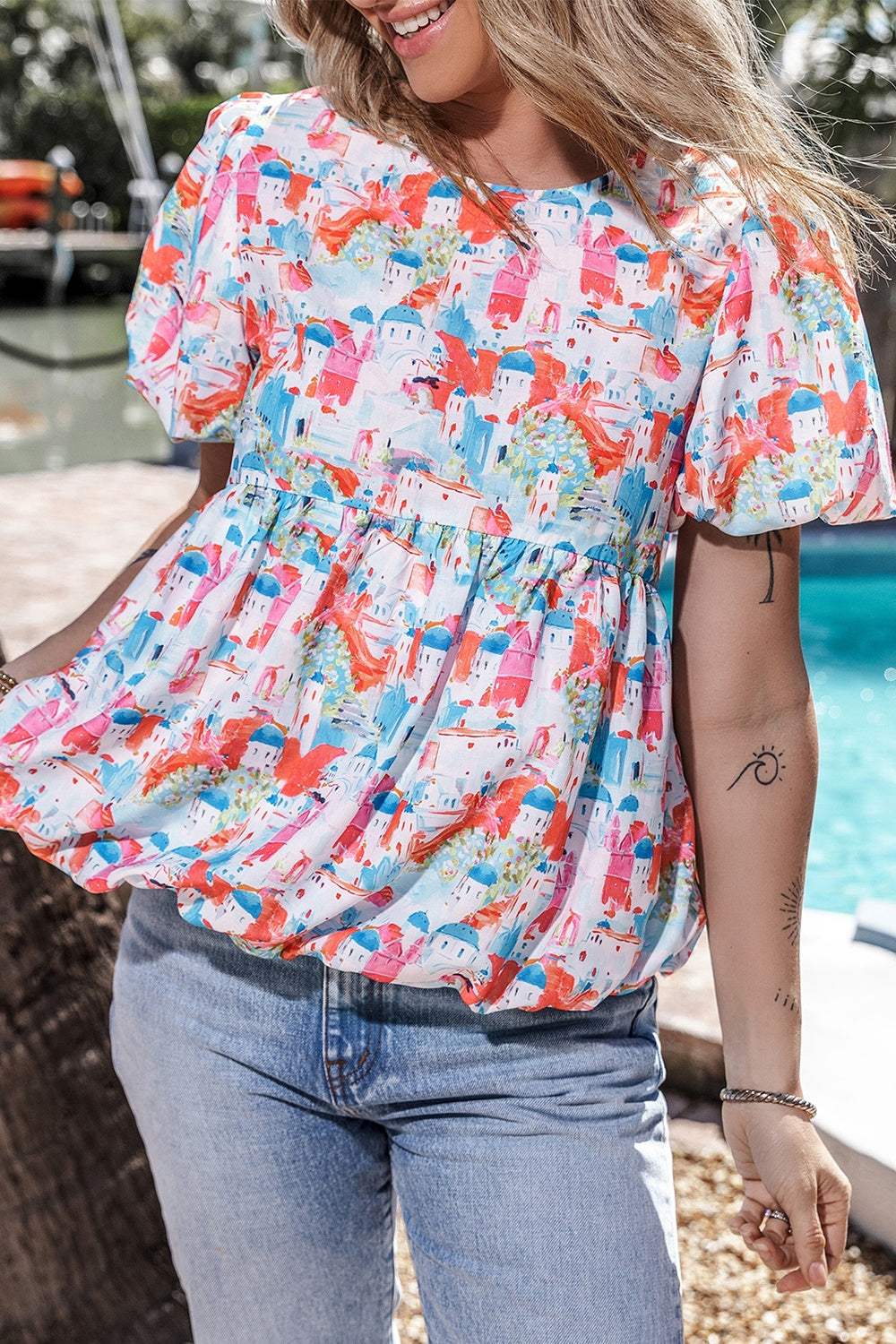 Printed Round Neck Puff Sleeve Blouse - Trendsi - Flyclothing LLC