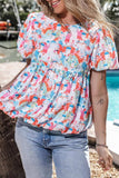 Printed Round Neck Puff Sleeve Blouse - Trendsi - Flyclothing LLC