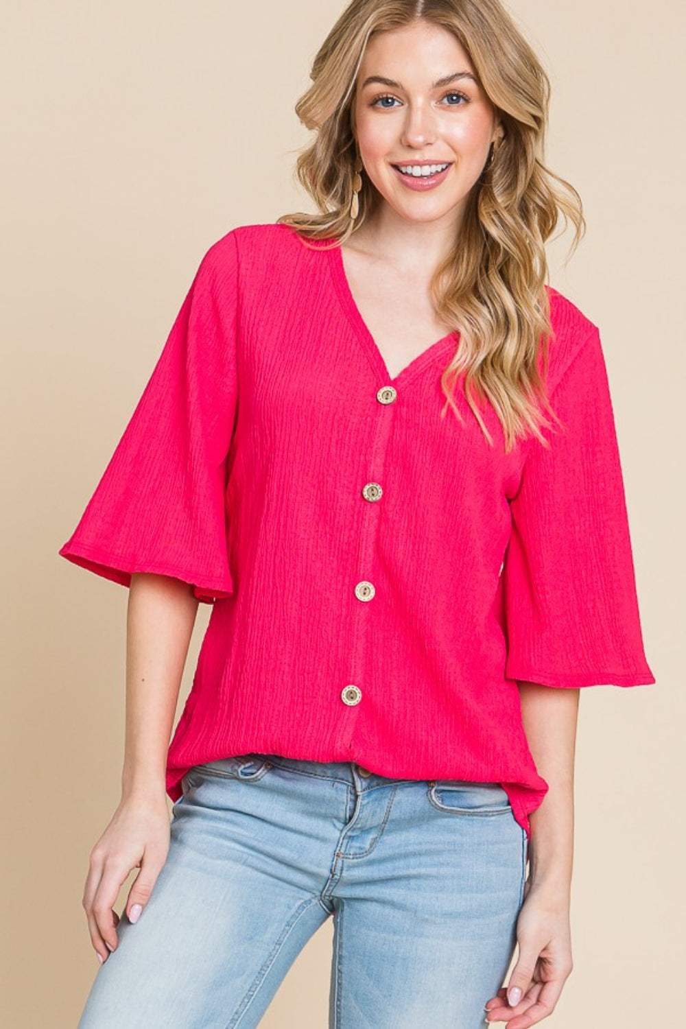 BOMBOM Texture Decorative Button V-Neck Top - Trendsi - Flyclothing LLC
