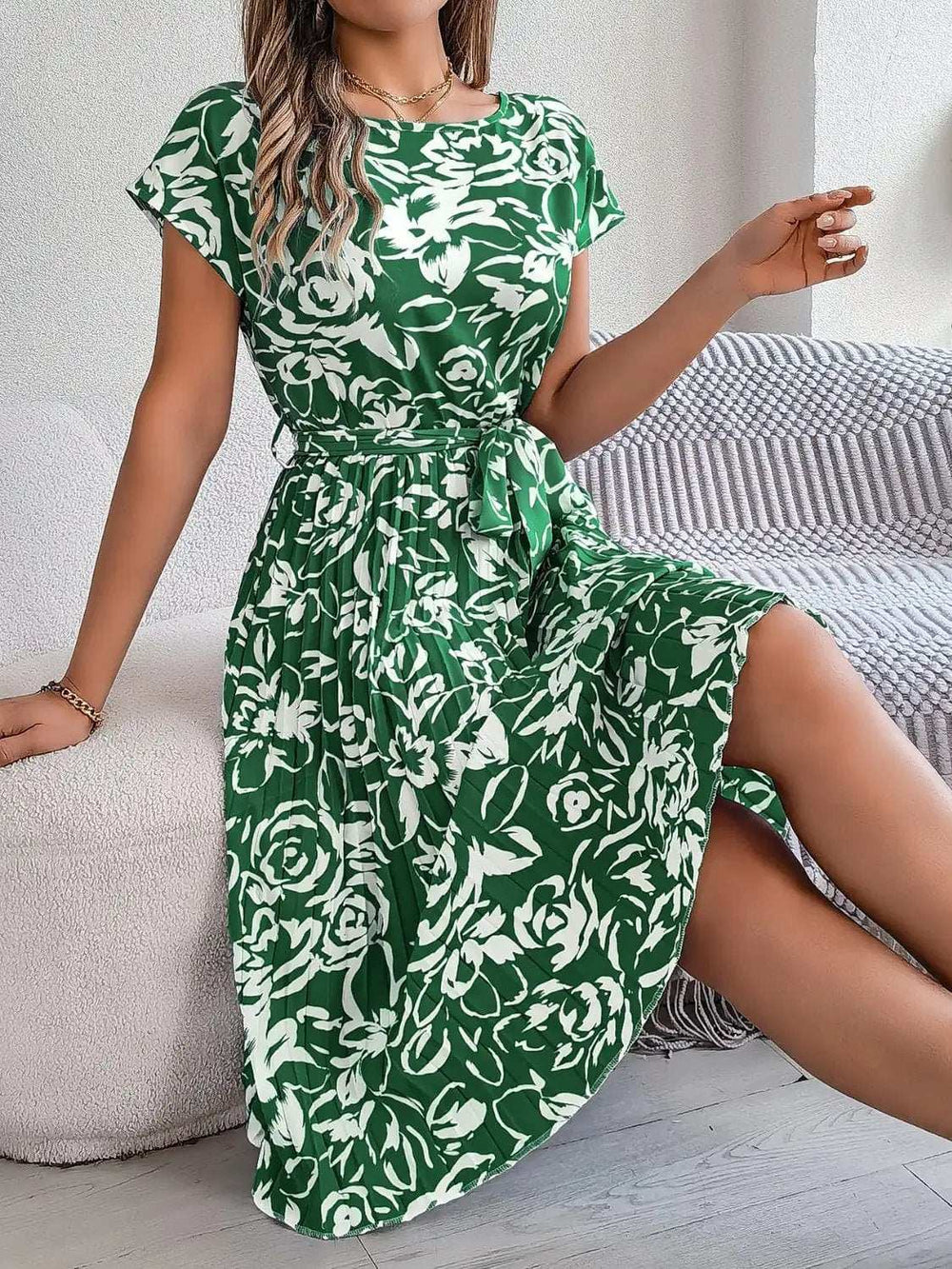 Tied Pleated Printed Short Sleeve Dress - Trendsi - Flyclothing LLC