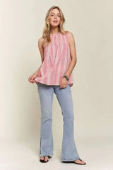 ADORA Contrast Striped Frill Round Neck Sleeveless Top - Trendsi - Flyclothing LLC