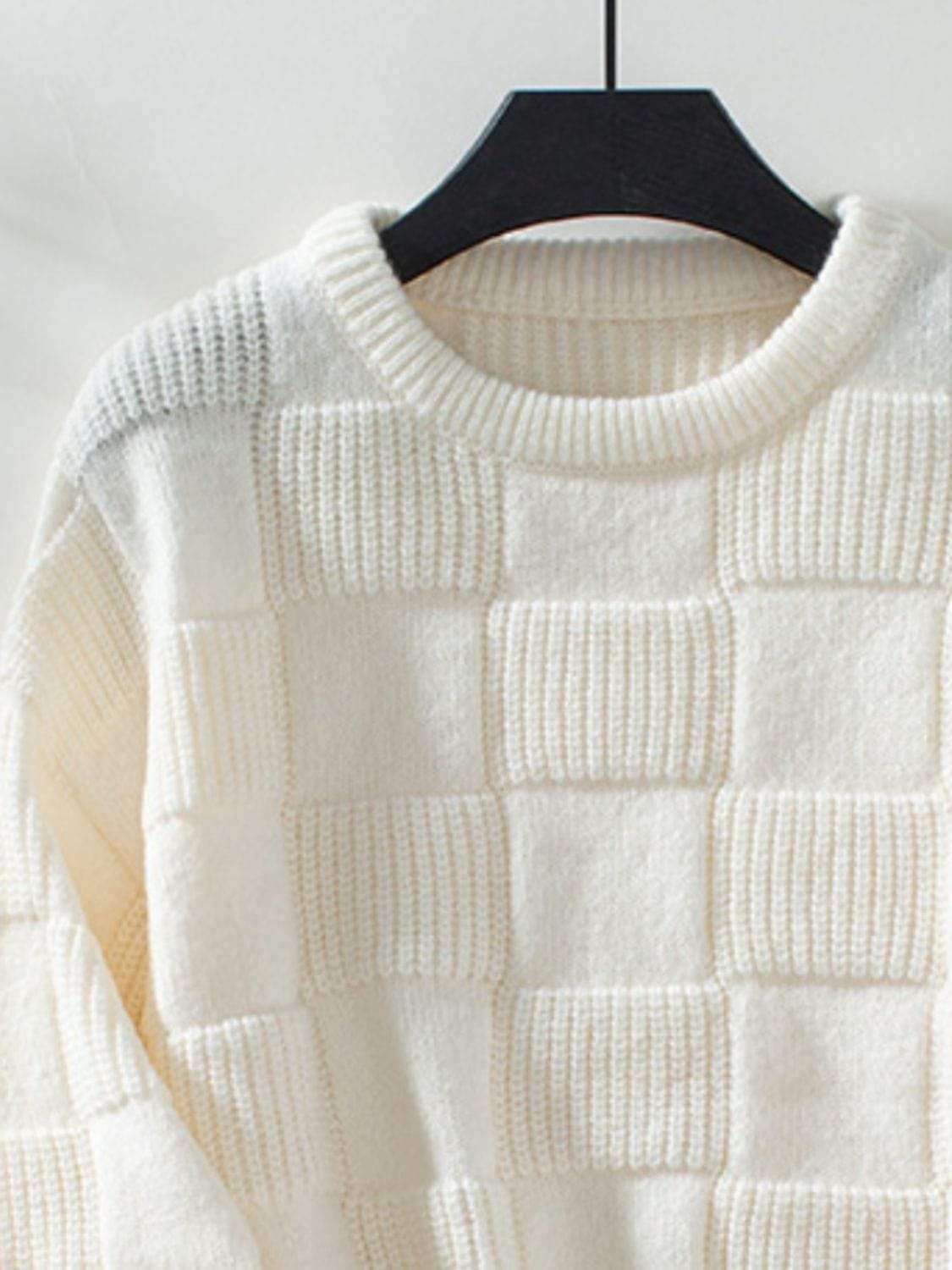 Checkered Round Neck Long Sleeve Sweater - Trendsi - Flyclothing LLC