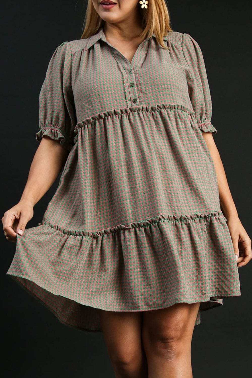 Umgee Full Size Plaid Frill Button Detail Ruffled Short Sleeve Dress Plus Size - Trendsi - Flyclothing LLC