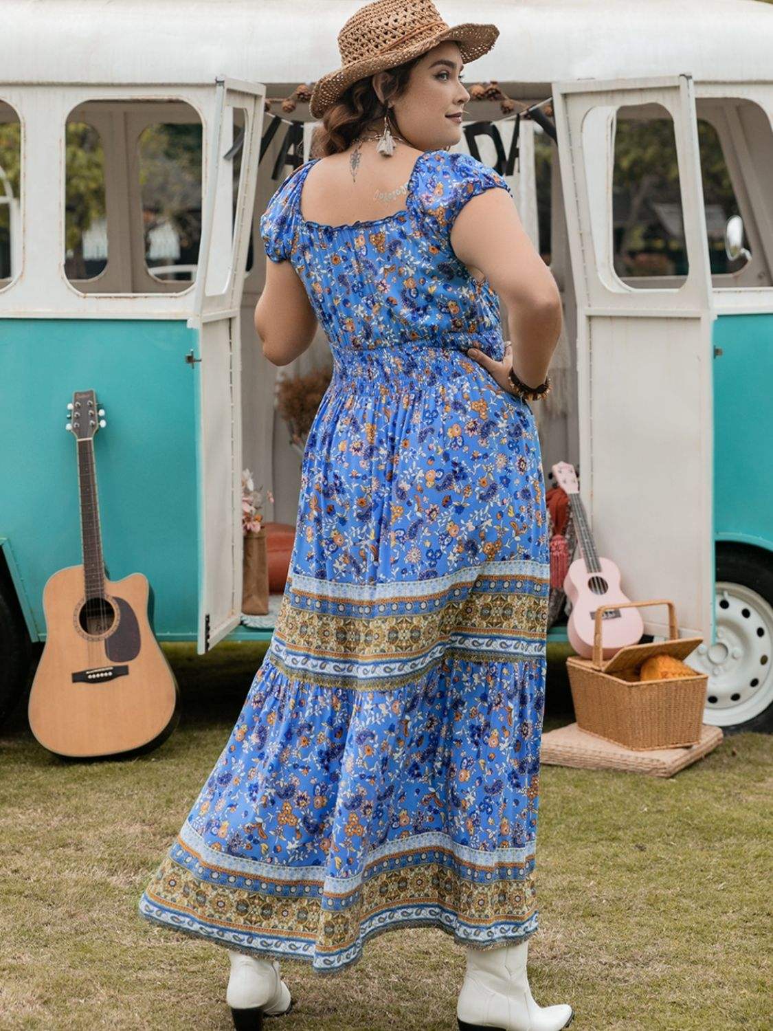 Plus Size Smocked Printed Cap Sleeve Dress - Trendsi - Flyclothing LLC