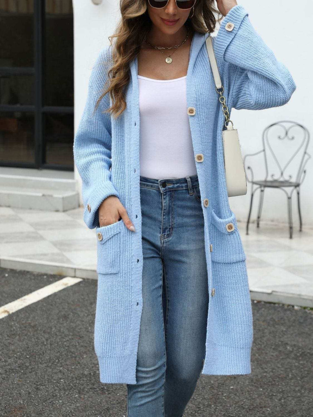 Pocketed Button Up Long Sleeve Hooded Cardigan - Trendsi - Flyclothing LLC