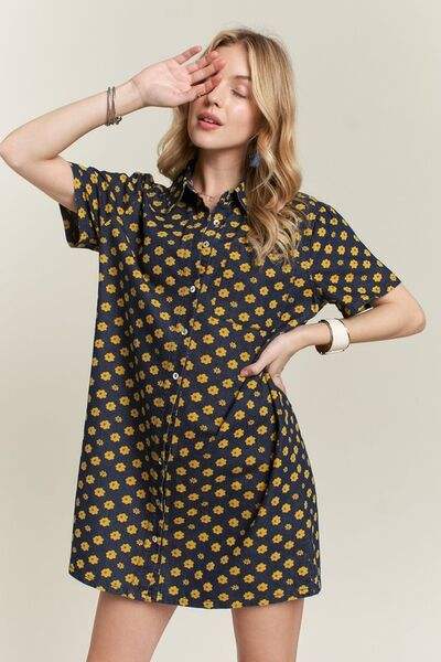 ADORA Floral Button-Up Mini Denim Dress - Trendsi - Flyclothing LLC