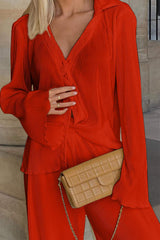 Textured Button Up Collared Neck Top and Pants Set - Trendsi - Flyclothing LLC