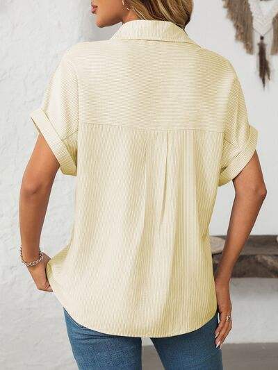 Mandy Pocketed Striped Collared Neck Short Sleeve Shirt - Trendsi - Flyclothing LLC