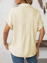 Mandy Pocketed Striped Collared Neck Short Sleeve Shirt - Trendsi - Flyclothing LLC