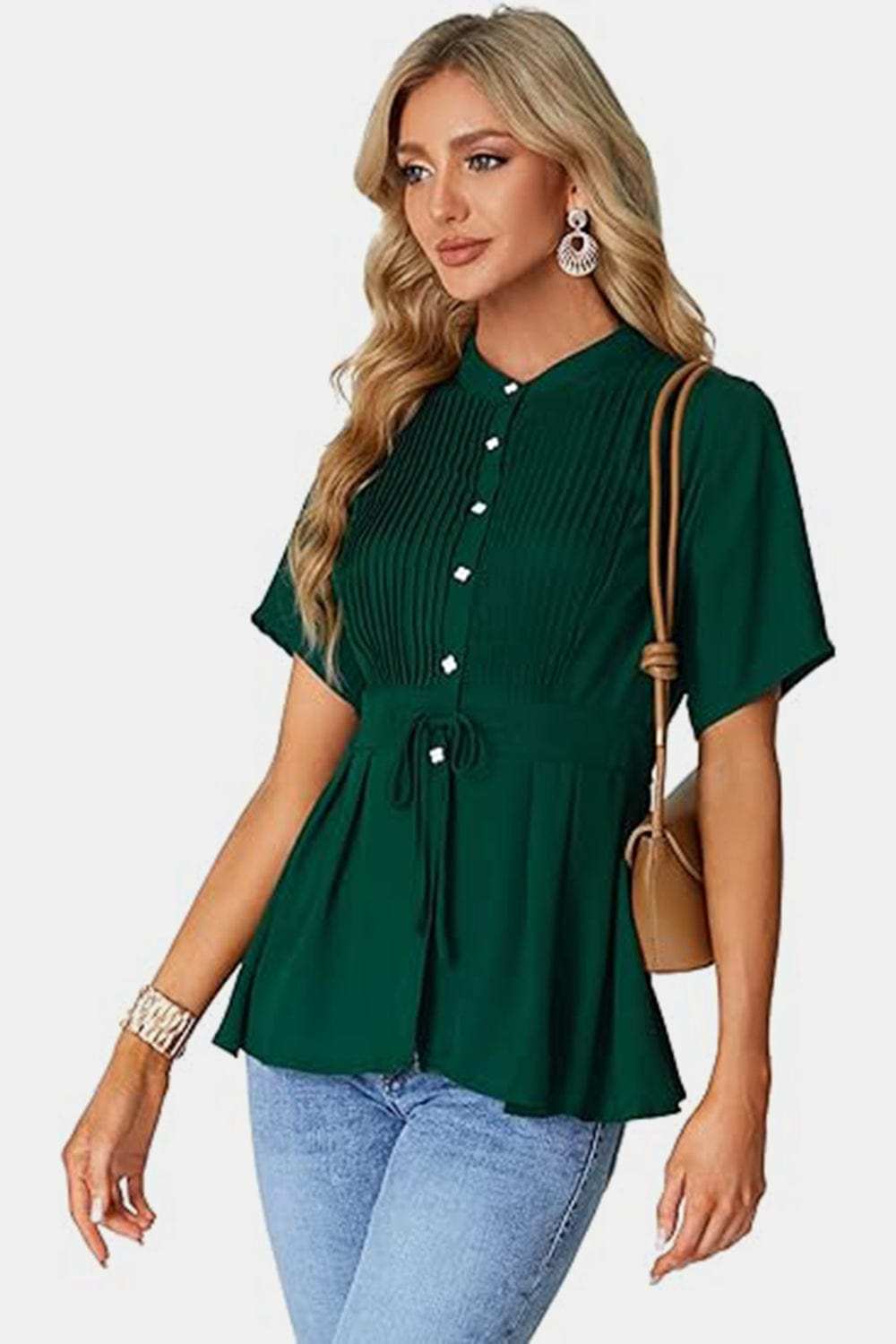 Tied Round Neck Short Sleeve Blouse - Trendsi - Flyclothing LLC