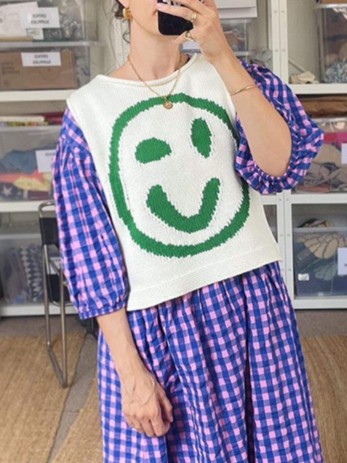Smiley Round Neck Sweater Vest - Trendsi - Flyclothing LLC