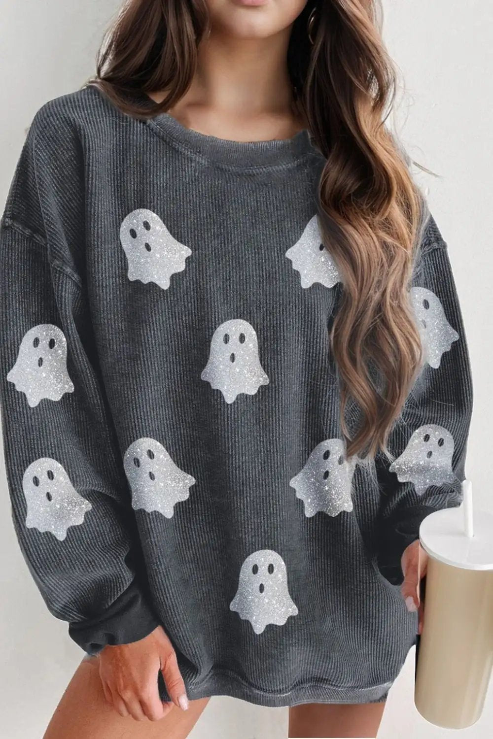 Glitter Ghost Round Neck Long Sleeve Sweatshirt - Trendsi